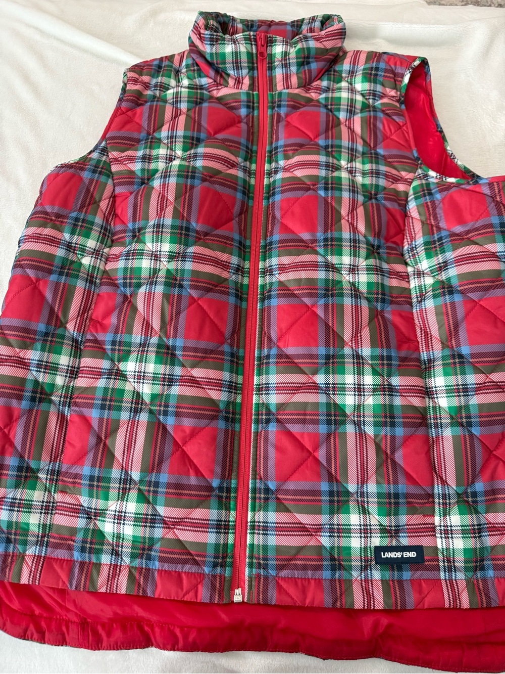 Land’s End Women Ultralight Down Puffer Vest Red Green Blue Plaid L (14-16) EB1